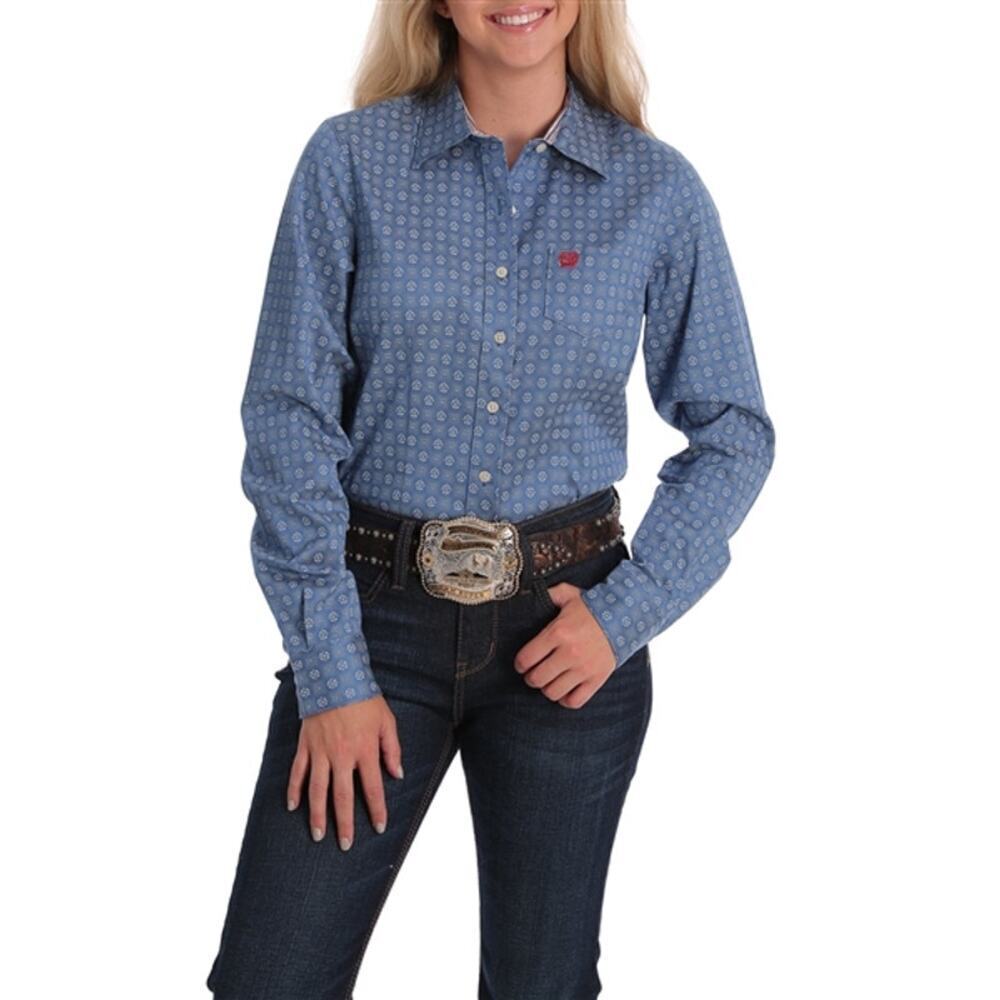 Cinch Women's Blue Medallion Print Collared Button-Down Shirt Size Small